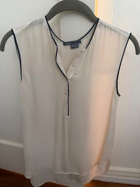Vince Cream Sleeveless Blouse with Navy Trim